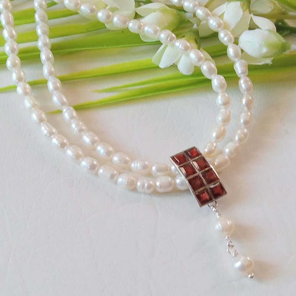 Cultured Ivory Pearl and Garnet Opera Choker